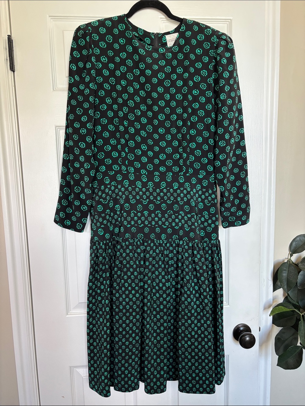 Courtenay Black Dress with Teal Dot Print - Long Sleeve Midi 100% Silk